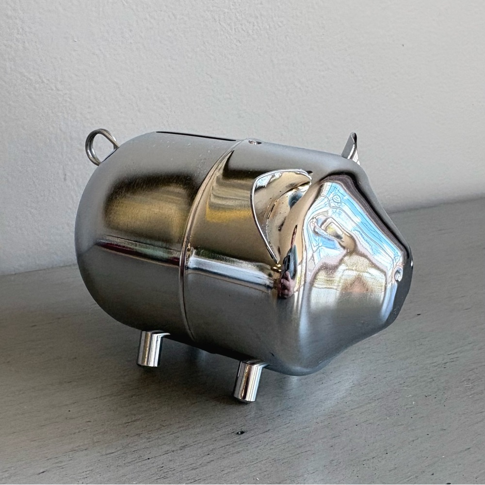 VTG Retro Metal Shiny Chrome Silver Tone Coin Piggy Bank Collectible Child Youth